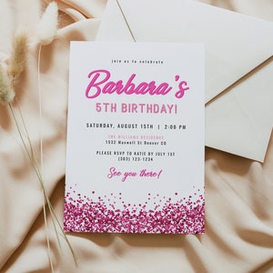 Birthday Invitation Template, Hot Pink Birthday Invite, Pink Glitter Birthday Invitation Instant Download, Malibu Birthday Evite DIY