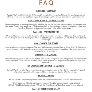 May include: A white background with the text "FAQ" in a black font. The text is from the Unmeasured Events brand. The text answers questions about editing, sizing, adding photos, changing fonts and colours, printing, and sending electronically.