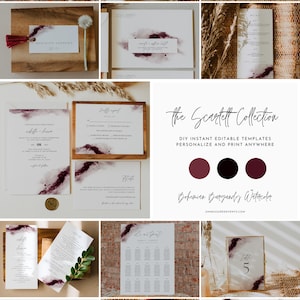 SCARLETT Burgundy Wedding Invitation Bundle Templates, Holiday Wedding Invitation, Christmas Wedding Invitation, Bohemian Wedding Invite