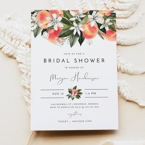 SAVANNAH Peach Bridal Shower Invitation Template, Georgia Peach Bridal Shower Evite, Watercolor Peaches Garden Fruit Bridal Shower Invite