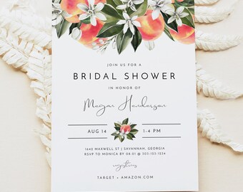SAVANNAH Peach Bridal Shower Invitation Template, Georgia Peach Bridal Shower Evite, Watercolor Peaches Garden Fruit Bridal Shower Invite