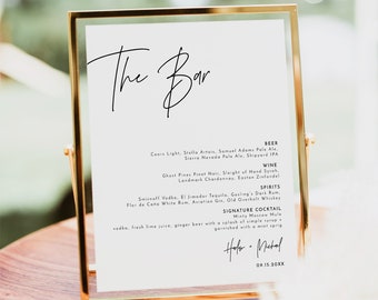 Le signe du bar, modèle de menu de boissons moderne, menu de bar de mariage minimaliste, menu de boissons de mariage simple imprimable HARLOW