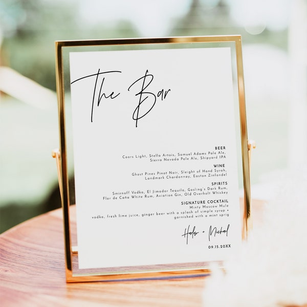 The Bar Schild, Moderne Getränkekarte Vorlage, Minimalistische Hochzeit Barkarte, Einfache Hochzeit Getränkekarte Printable HARLOW