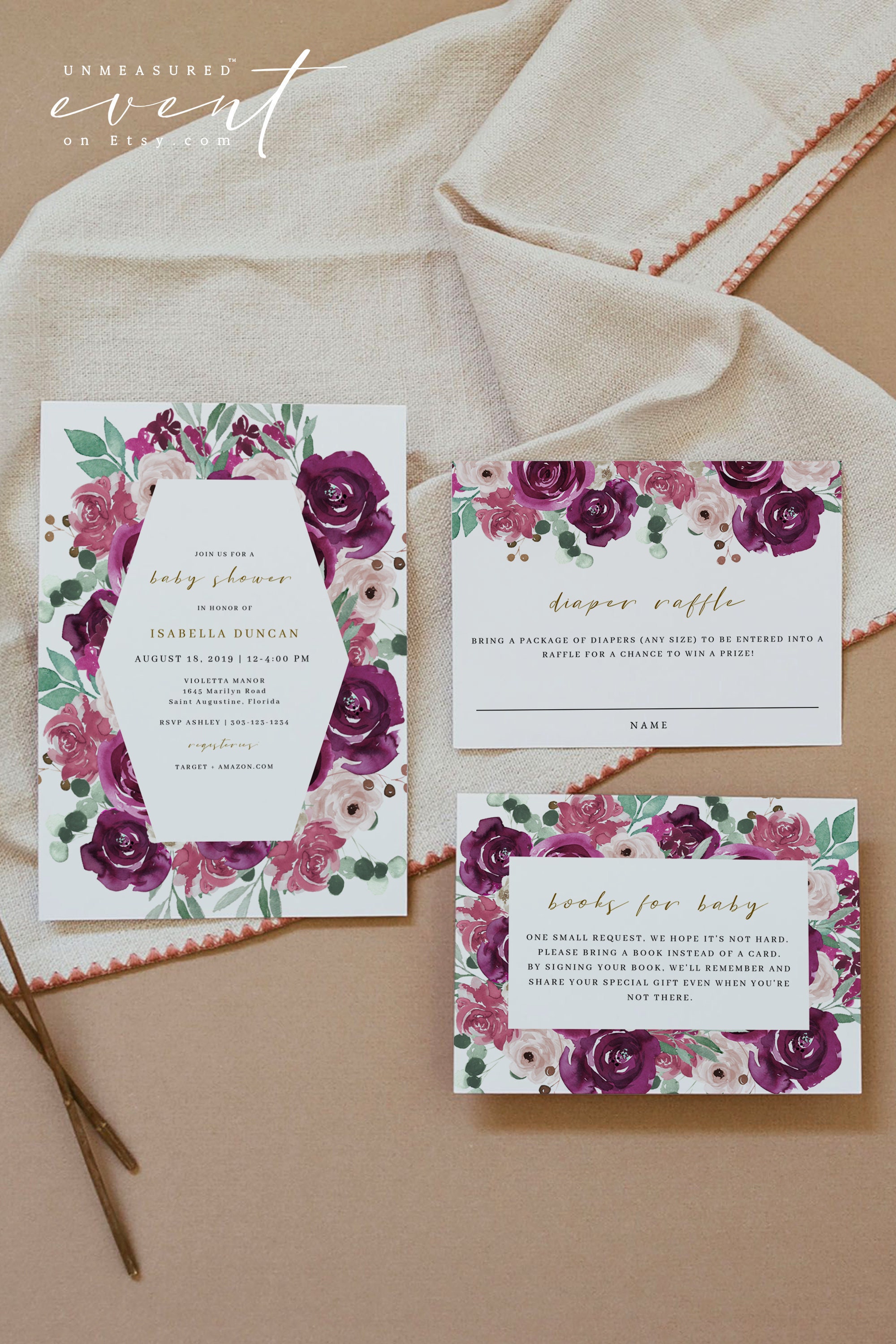 GWEN | Magenta Baby Shower Invitation Suite Printable, Plum Floral Baby Shower, Burgundy Baby Shower, Winter Baby Shower Blush and Maroon