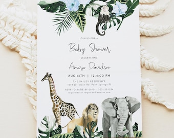Safari Baby Shower Invitation Template, Jungle Baby Shower Invite Printable, Elephant Lion Monkey Giraffe Baby Shower Invites, Boy AMARA