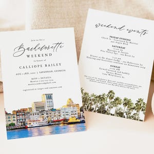 SAVANNAH Georgia Bachelorette Invitation & Itinerary Template, Watercolor Savannah Skyline Bachelorette Invite Printable Instant Download