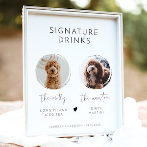 Plantilla de letrero de bebida con firma de perro minimalista ADELLA, letrero de bebida con firma de mascota imprimible para bodas, letreros de cóctel con firma de perro