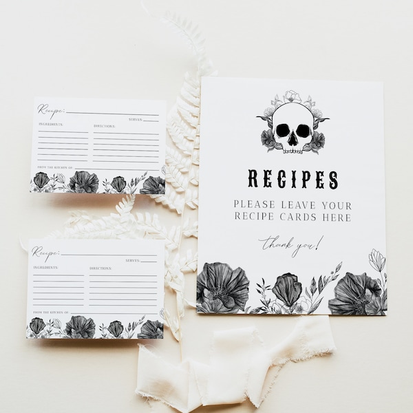 NOVA PRINTED + SHIPPED Recipe Card Set, Skull Bridal Shower Recipe Cards, Til Death Do Us Part Bridal Shower, Halloween Bridal Shower Gothic
