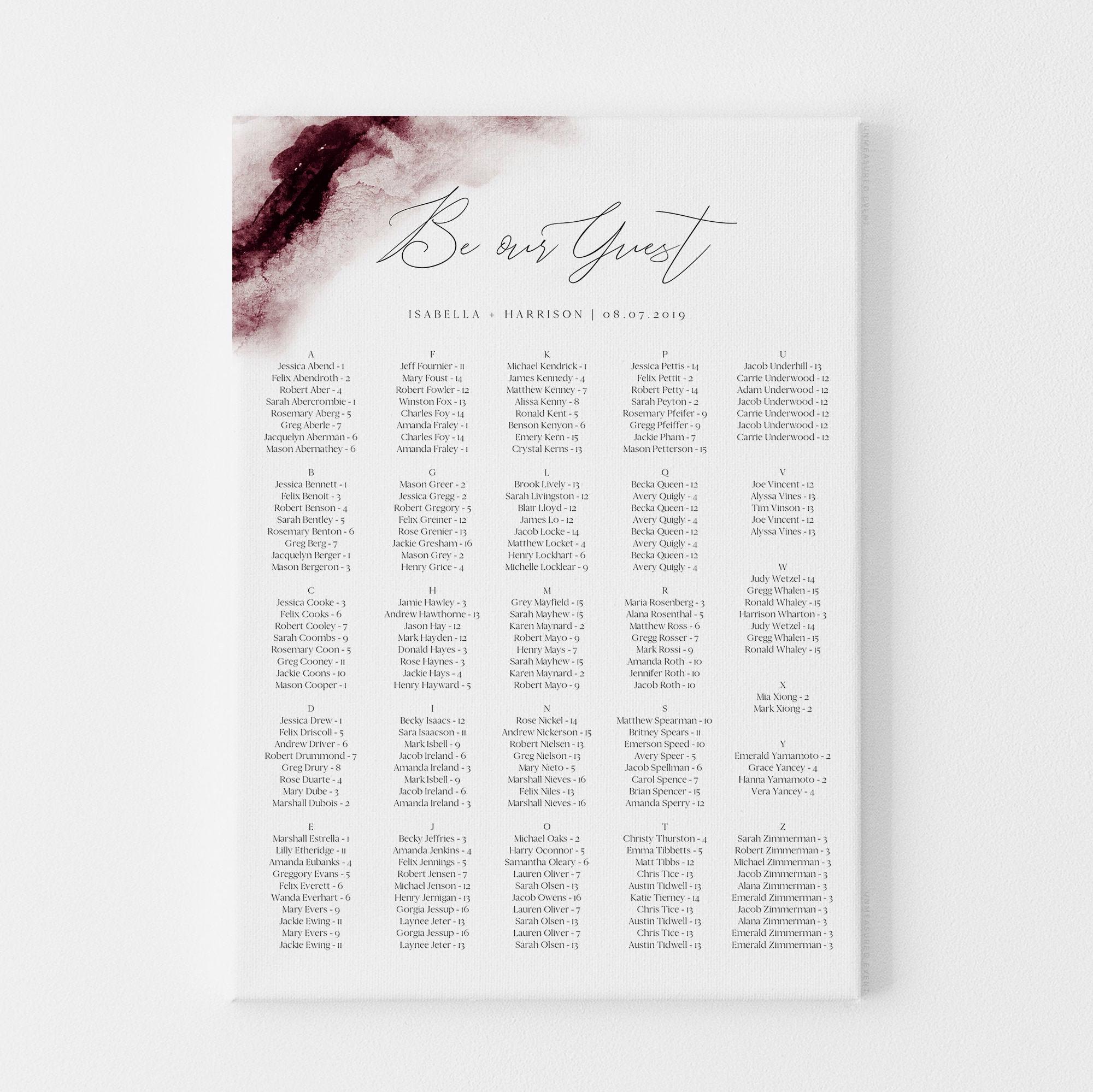 Burgundy Wedding Alphabetical Seating Chart Template, Wine Seating ...