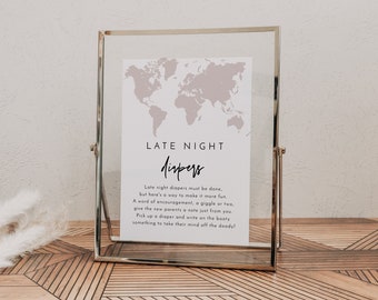 QUINN Late Night Diapers Sign Template, Printable Late Night Diapers Game, Adventure Baby Shower Game, Travel Baby Shower World Map Blush