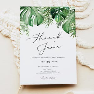 Tropical Wedding Invitation Template, Palm Leaf Wedding Invitation, Beach Wedding Invitation Printable Ocean Destination Island Wedding CORA