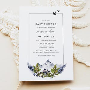 Modèle d&#39;Invitation de baby shower de montagne SEIRRA, invitation de baby shower bohème, Invitation de baby shower d&#39;hiver, baby shower aventure Evite