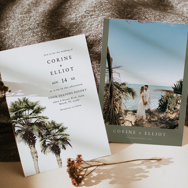 CORINE Palm Tree Wedding Invitation Template, Chinese Fan Palm Wedding Invitation Printable, Beach Wedding Invite, Photo Tropical Wedding