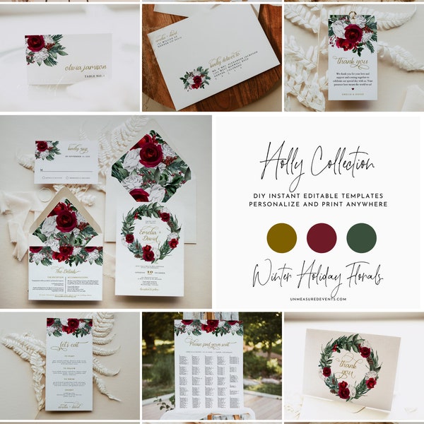 HOLLY Wedding Bundle Templates, Christmas Wedding Invite, Large Wedding Kit, Holiday Wedding Invitation Set, Burgundy Maroon Florals Pine