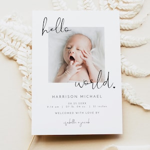 Minimalist Photo Birth Announcement Template, Simple Hello World Birth Announcement, Modern Newborn Announcement, Baby Birth Card ADELLA