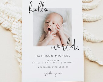 May include: A white card with black text announcing the birth of Harrison Michael. The card includes the baby's birth date, time, weight, and length. The text "hello world." is written in cursive above a photo of the baby.