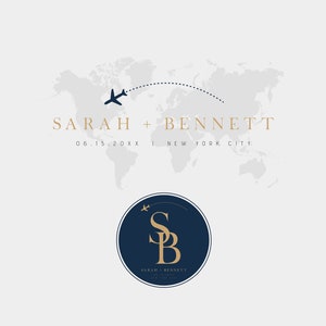 Plantilla de logotipo de viaje para bodas de ATLAS, monograma editable para bodas de destino, logotipo para sitios web de bodas, pasaporte, tarjeta de embarque, viajes de aventura, bricolaje