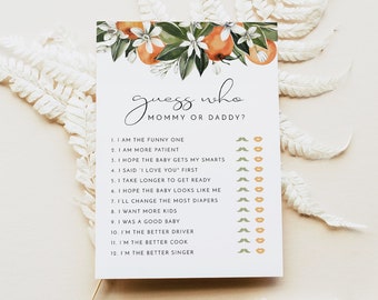 CALLIOPE Guess Who mama of papa babyshowerspel, schatje babyshowerspellen, oranjebloesem babyshowerspellen, genderneutrale activiteiten