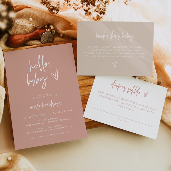 Modern Bohemian Earth Tone Blush Girl Baby Shower Invitation Template Suite MARLO