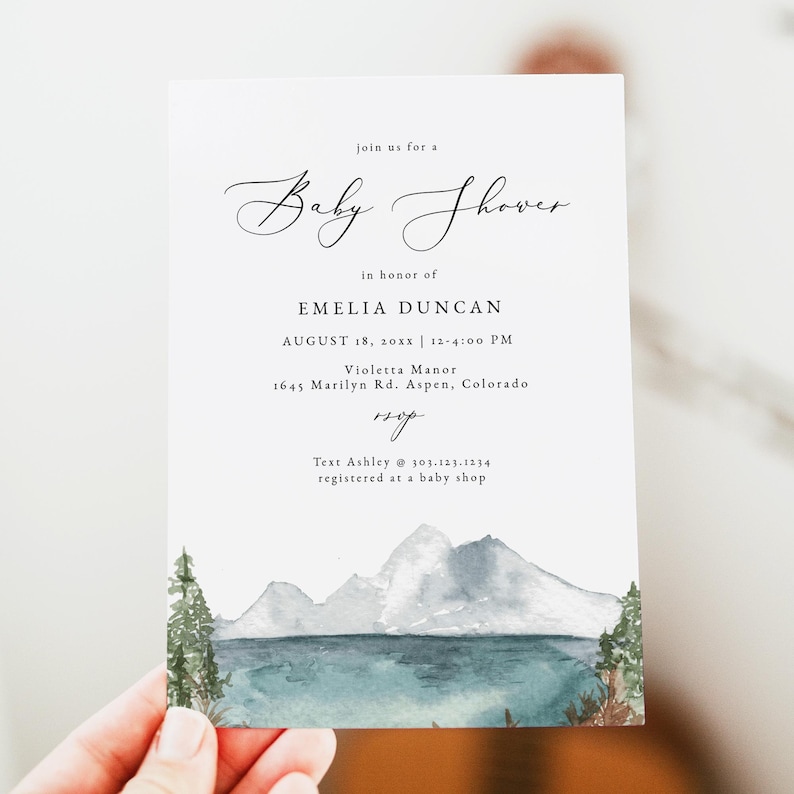 Mountain Baby Shower Invitation Template, Mountain Lake Baby Shower Invite, Boho Baby Shower Invite, Forest Baby Shower Invites DIY CLOVER image 5