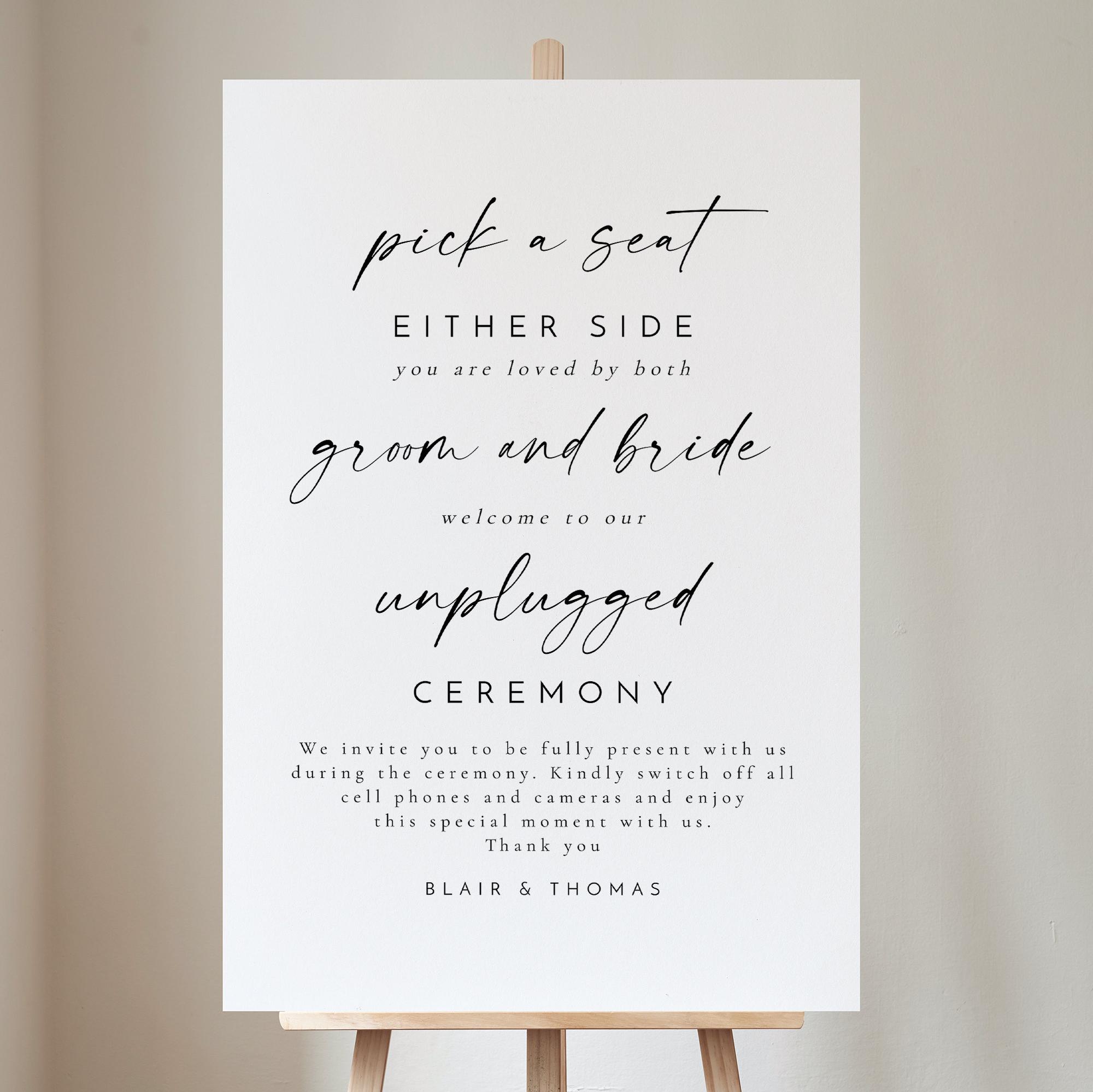 Minimalist Pick a Seat Sign Template, Unplugged Ceremony Sign Printable Download, Modern Wedding Unplugged Sign, Simple Wedding Sign - BLAIR