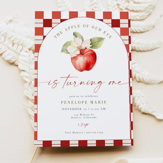 PRINTED + SHIPPED Apple Of Our Eye First Birthday Party Invitation, Apple Orchard Birthday Party, Red Gingham 1st Birthday Invite, PENELOPE