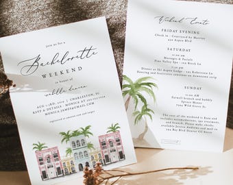 FIONA Charleston Bachelorette Invitation & Itinerary Template, Charleston Invitation, Rainbow Row Invitation, Tropical Bachelorette Invite
