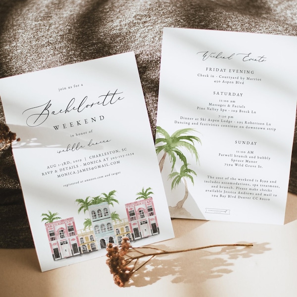 FIONA Charleston Bachelorette Invitation & Itinerary Template, Charleston Invitation, Rainbow Row Invitation, Tropical Bachelorette Invite