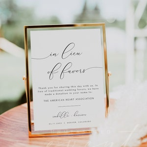 Letrero imprimible con texto en inglés "In Lieu of Favors", plantilla de letrero de donación benéfica para bodas con caligrafía, letrero de "Donation Instead" descarga instantánea EDITABLE ASHER