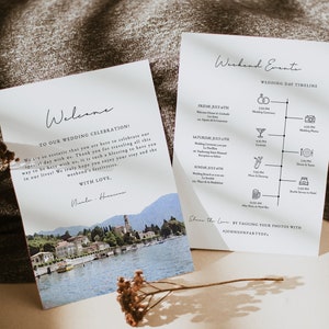 Plantilla de carta de bienvenida para boda en el lago de Como, cronograma imprimible para boda en el horizonte de Italia, orden de eventos para la programación de bodas en el destino Nicola DIY