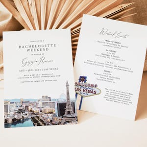Plantilla de invitación e itinerario para despedida de soltera en LAS VEGAS, invitación para despedida de soltera con silueta del horizonte de Las Vegas en acuarela, despedida de soltera en Las Vegas