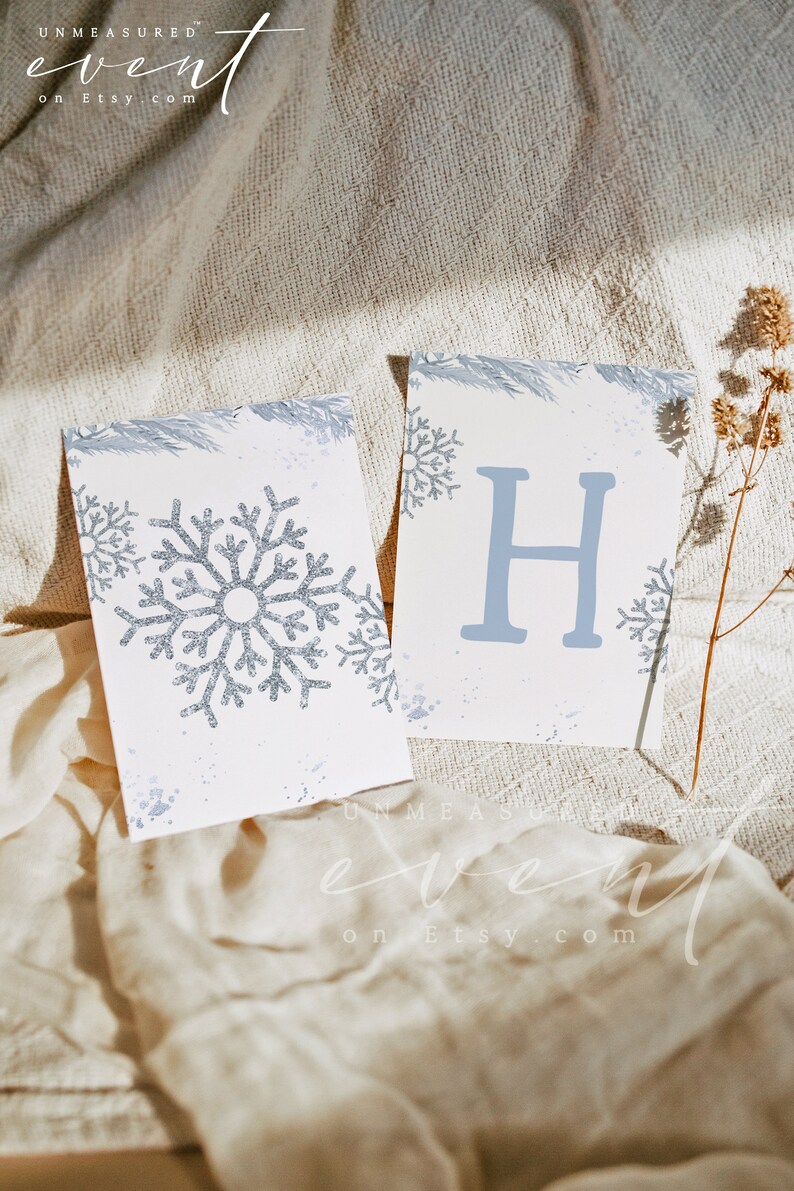 May include: Two white cards with a winter theme. One card features a large, glittery silver snowflake, and the other displays the letter "H" in light blue. Both cards have snowflake and pine branch accents.