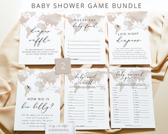 CARMEN Baby Shower Game Bundle, Adventure Baby Shower Games, Travel Themed Baby Shower Games, Earth Tone Beige Map Baby Shower Games DIY