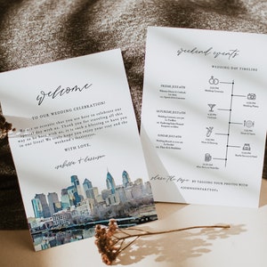 Modelo de carta de boas-vindas para casamento na Filadélfia, cronograma de casamento para impressão no horizonte da Filadélfia, cronograma de casamento no destino, ordem do evento