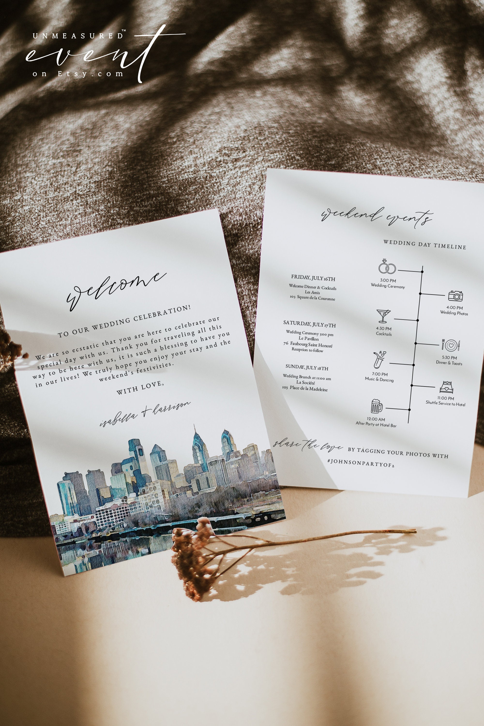 PHILADELPHIA Wedding Welcome Letter Template, Philadelphia Skyline Wedding Timeline Printable, Destination Wedding Schedule Order of Event