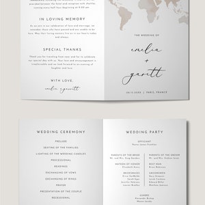 Folded Destination Wedding Program Template, Travel Wedding Order of Service, Adventure Wedding Ceremony Timeline, World Map Wedding CARMEN image 3