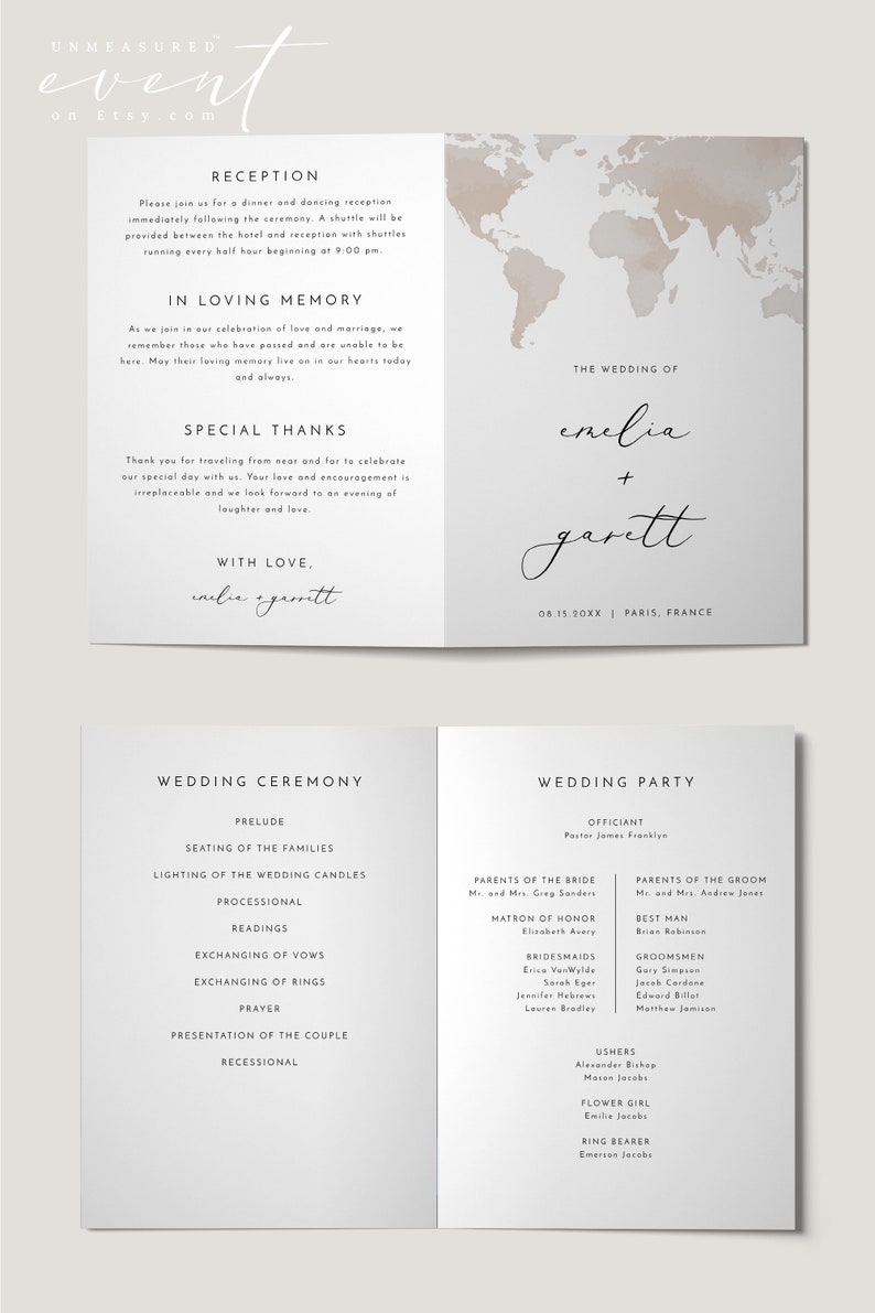 Folded Destination Wedding Program Template, Travel Wedding Order of Service, Adventure Wedding Ceremony Timeline, World Map Wedding CARMEN image 3