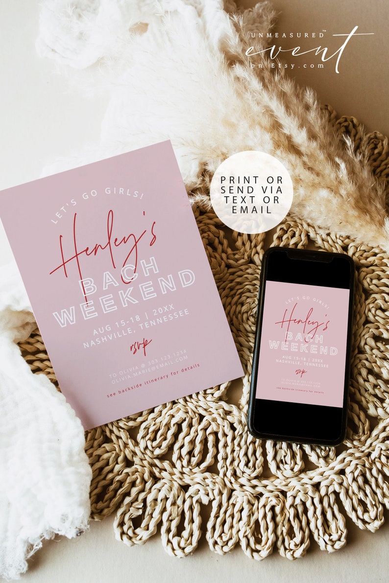 HENLEY Bachelorette Invitation & Itinerary Template Modern Pink and Red Bachelorette Weekend Invite Bach Weekend Schedule Printable image 2