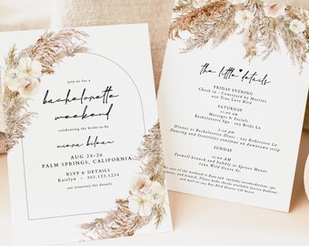 CIERA Bohemian Bachelorette Invitation Template, Boho Bachelorette Invite, Pampas Bachelorette Invitation & Itinerary Printable Instant DIY