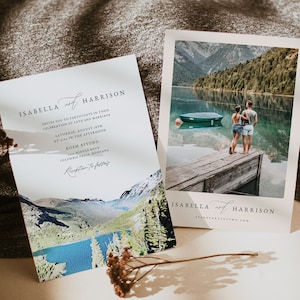 GLACIER NATIONAL PARK Wedding Invitation Template, Montana Wedding Invite, Mountain Wedding Invitation, Forest Skyline Destination Photo Diy