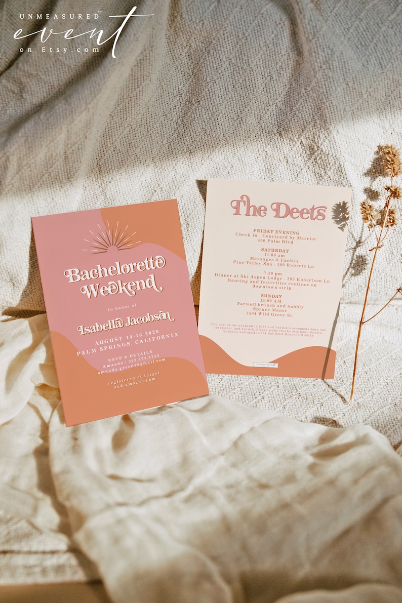 TRIXIE Retro Bachelorette invitation Template, 70's Bachelorette Itinerary, Festival Bachelorette Invite Instant, Palm Springs Sunburst DIY 