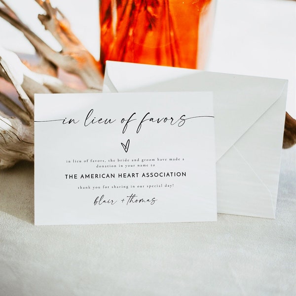 BLAIR In Lieu of Favors Card Template, Modern Wedding Donation Card, Minimalist Wedding Donation Cards, Boho Wedding Instead of Favors Card