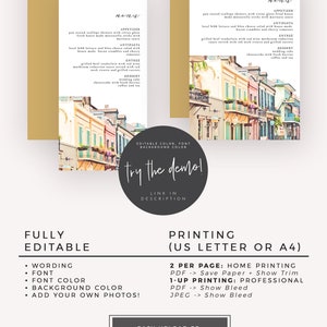 May include: Editable menu template with a watercolor illustration of colorful buildings. The template is available in two sizes: 4x8 inches and 5x7 inches. The text on the template reads "Try the demo!" and includes information about printing options and uploading to Vistaprint.
