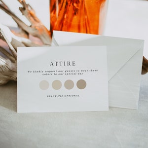 Modèle de carte EDITH pour tenue de mariage, palette de couleurs de mariage élégante, intercalaire pour code vestimentaire d'invité, tableau d'humeur de mariage pour invité classique
