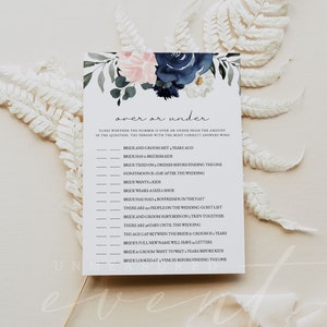 CADENCE Over or Under Bridal Shower Game Template, Blush and Navy Floral Bridal Shower Games Instant Download, Blue and Pink Flowers DIY