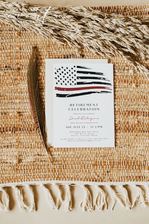 Fire Department Retirement Invitation Template, Fireman Invitation Printable Instant, Thin Red Line Flag Retirement Party Invitation Instant