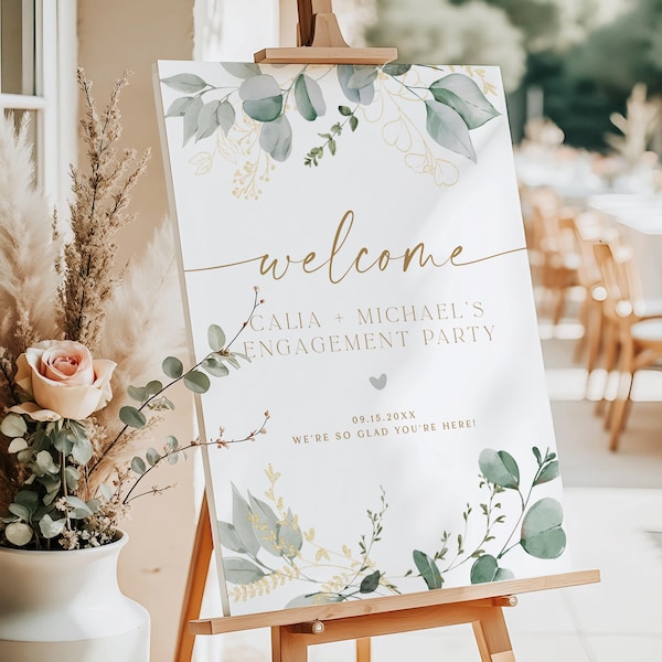 PRINTED + SHIPPED Engagement Party Welcome Sign, Greenery Wedding Engagement Welcome, Greenery Gold Engagement Dinner Party Signage CALIA