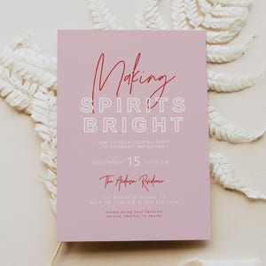 HENLEY moderne roze en rode kerst cocktailparty uitnodiging sjabloon, waardoor geesten helder feestuitnodiging afdrukbaar maken