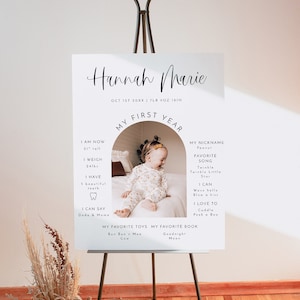 Plantilla para tablero de hitos del primer cumpleaños de JOLIE, tablero de hitos minimalista, tablero de hitos con foto de bebé, póster de hitos moderno Arch Simple