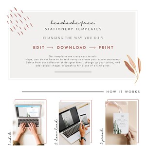 May include: A graphic design template for stationery, showing a laptop screen with a cactus-themed save the date card. The text on the screen reads "Save the Date". The graphic also shows a person's hands typing on the laptop keyboard and a phone displaying the same card. The text on the graphic reads "Headache-free Stationery Templates. Changing the way you DIY. Edit, Download, Print. Our templates are crazy easy to edit. Nope, you do not have to be tech savvy to create your dream stationery. Select from our collection of designer fonts, change up your colors, and add special images or graphics for a one of a kind piece. How it works: 1. Edit, 2. Download, 3. Print. Double-click to edit text. PNG, PDF, or JPEG. Home or professional printing. See description for printing details."